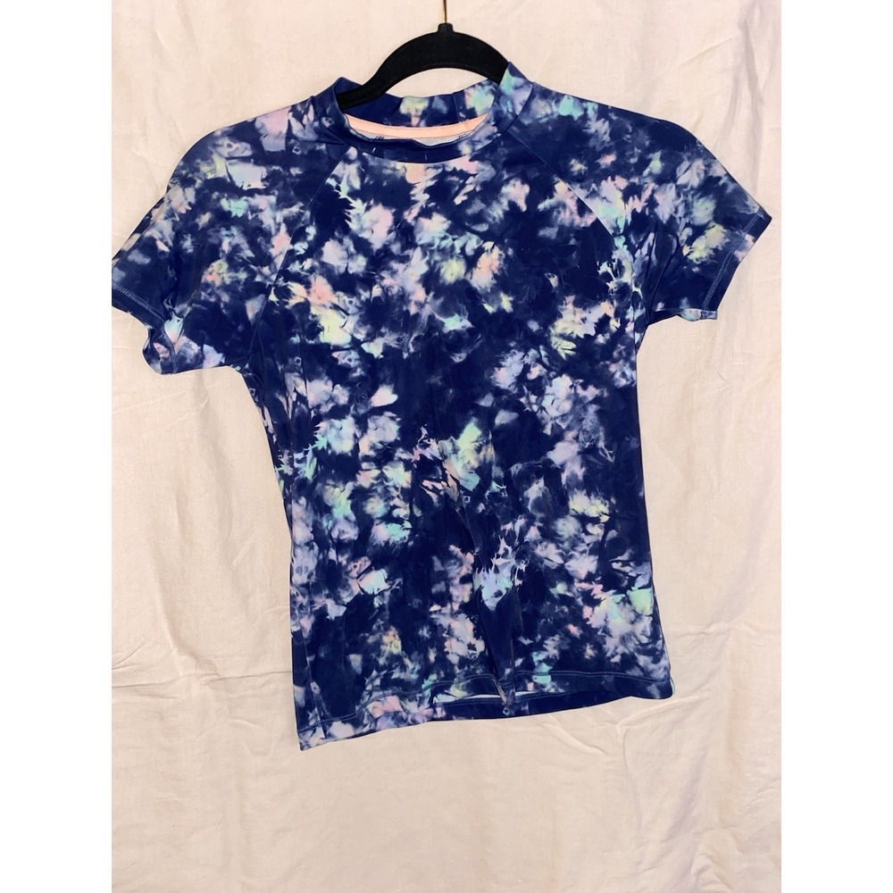 Athleta Girl Short Sleeved Rashguard in Blue Tie Dyed Print Size XL/14